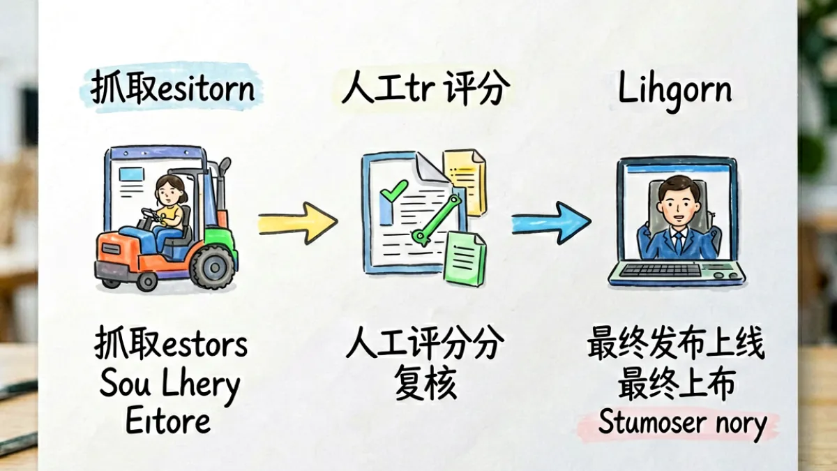 俺去也视频内容质量评估流程图，显示从来源抓取到人工复核再到发布的三个关键步骤