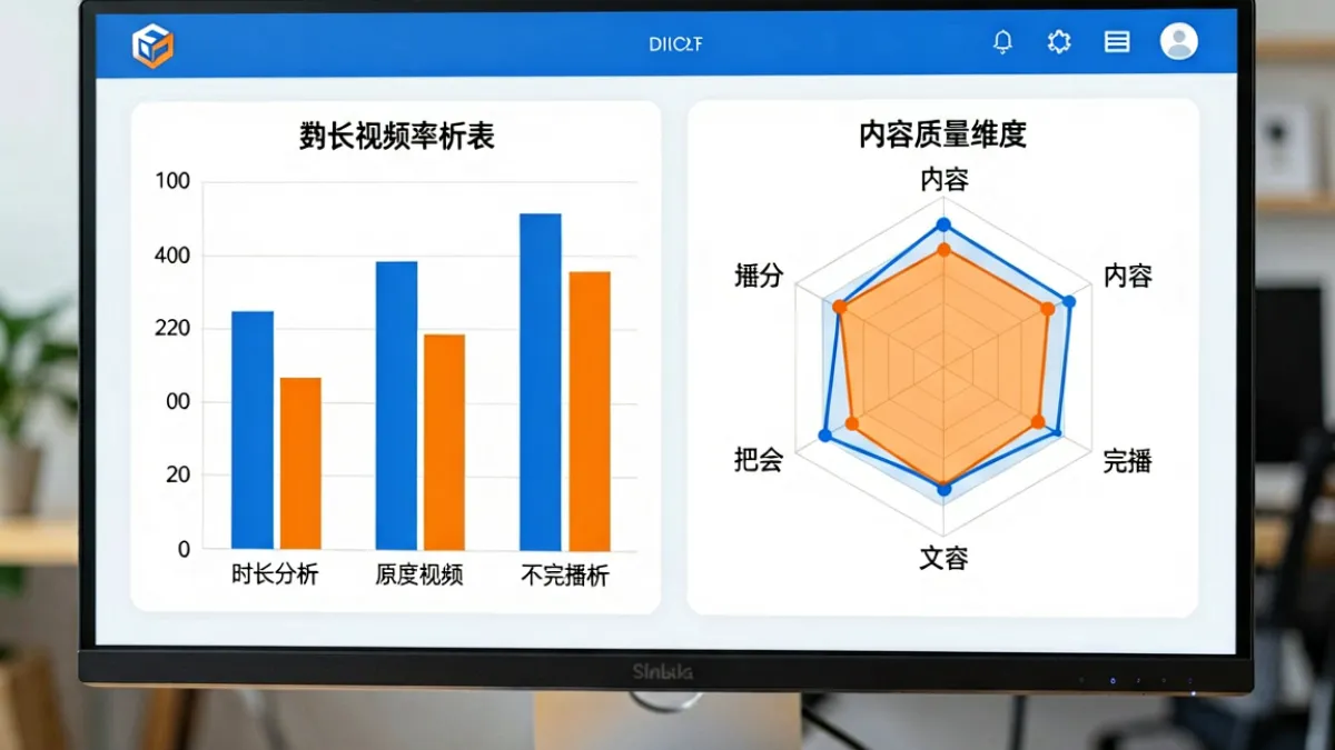 俺去也视频 - 视频平台内容质量评估示意图，显示完播率数据图表与多维度评分雷达图分析界面